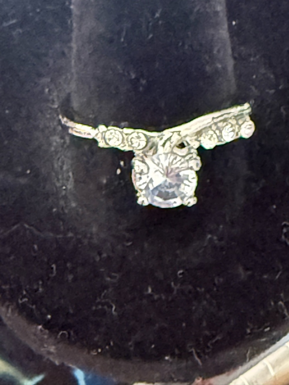 Diamond Solitaire Engagement Ring with Side Stones - Silver Tone